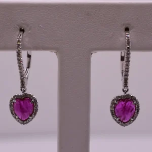 Natural Ruby Hearts and Halo of Diamond Dangle Earrings