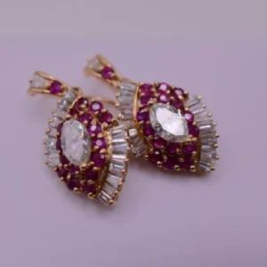 Vintage-Style Marquise Diamond and Ruby Teardrop Dangle Earrings