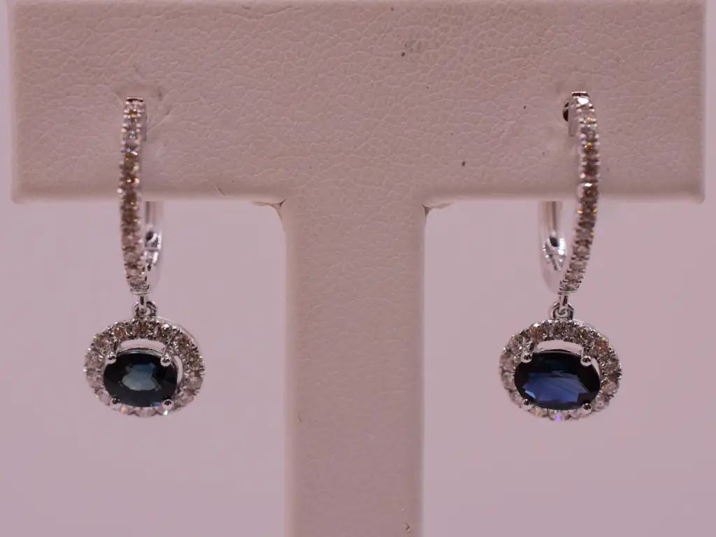 Natural Sapphire and Diamond Halo Drop Earrings - Image 2